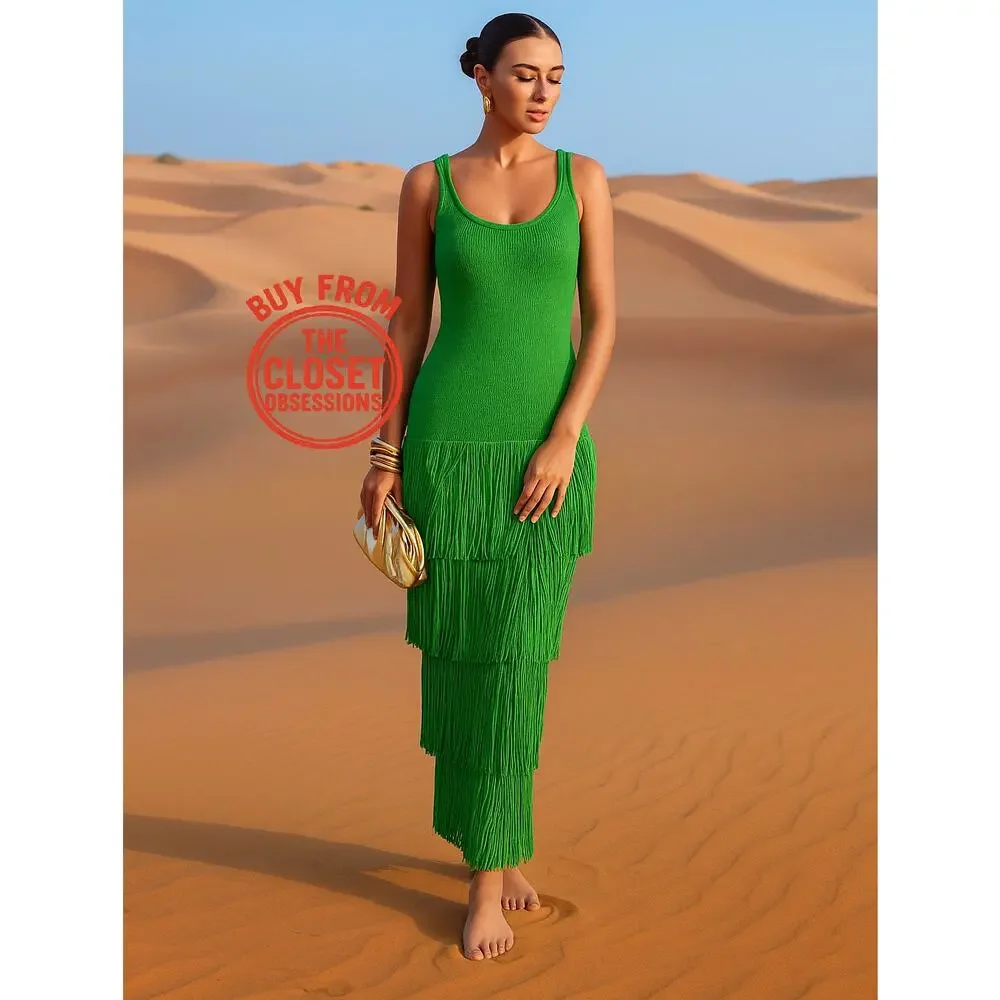 Mango Bright Green Tiered Fringe Maxi Dress - Picture 3 of 16
